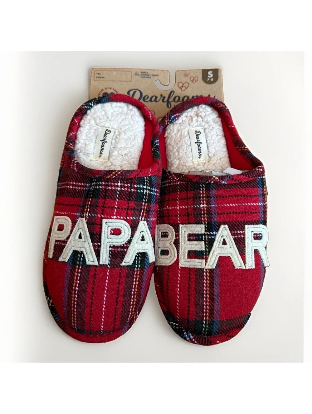 NWT NEW Dearfoams Red Plaid Papa Bear Memory Foam House Slippers Men’s Small 7 8